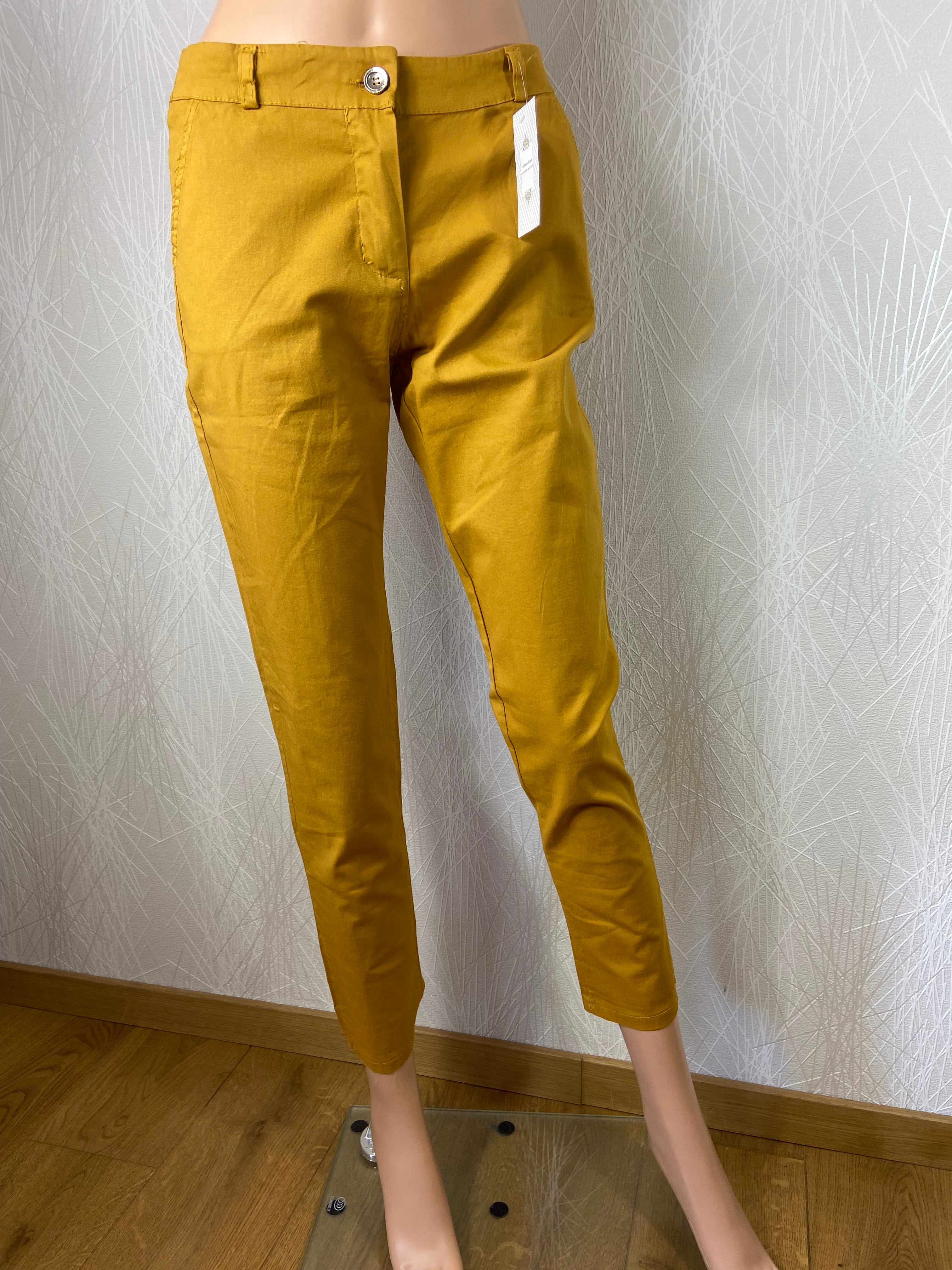 Pantalon slim 7/8 coton jaune moutarde taille mi-haute Made In Italy