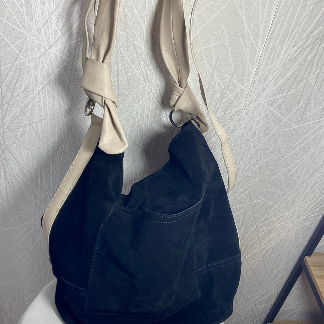 Sac à main avec bandoulière daim et cuir noir Charlay Stone