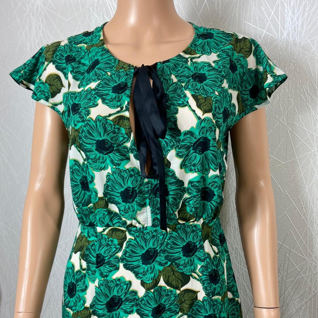 Robe midi verte soie manches courtes fleurs flot vintage Trinket Dress Traffic People - Offre-Unique