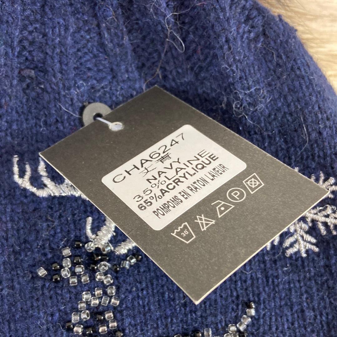 Bonnet chaud tricot laine bleu marine avec perles et pompon - Offre-Unique