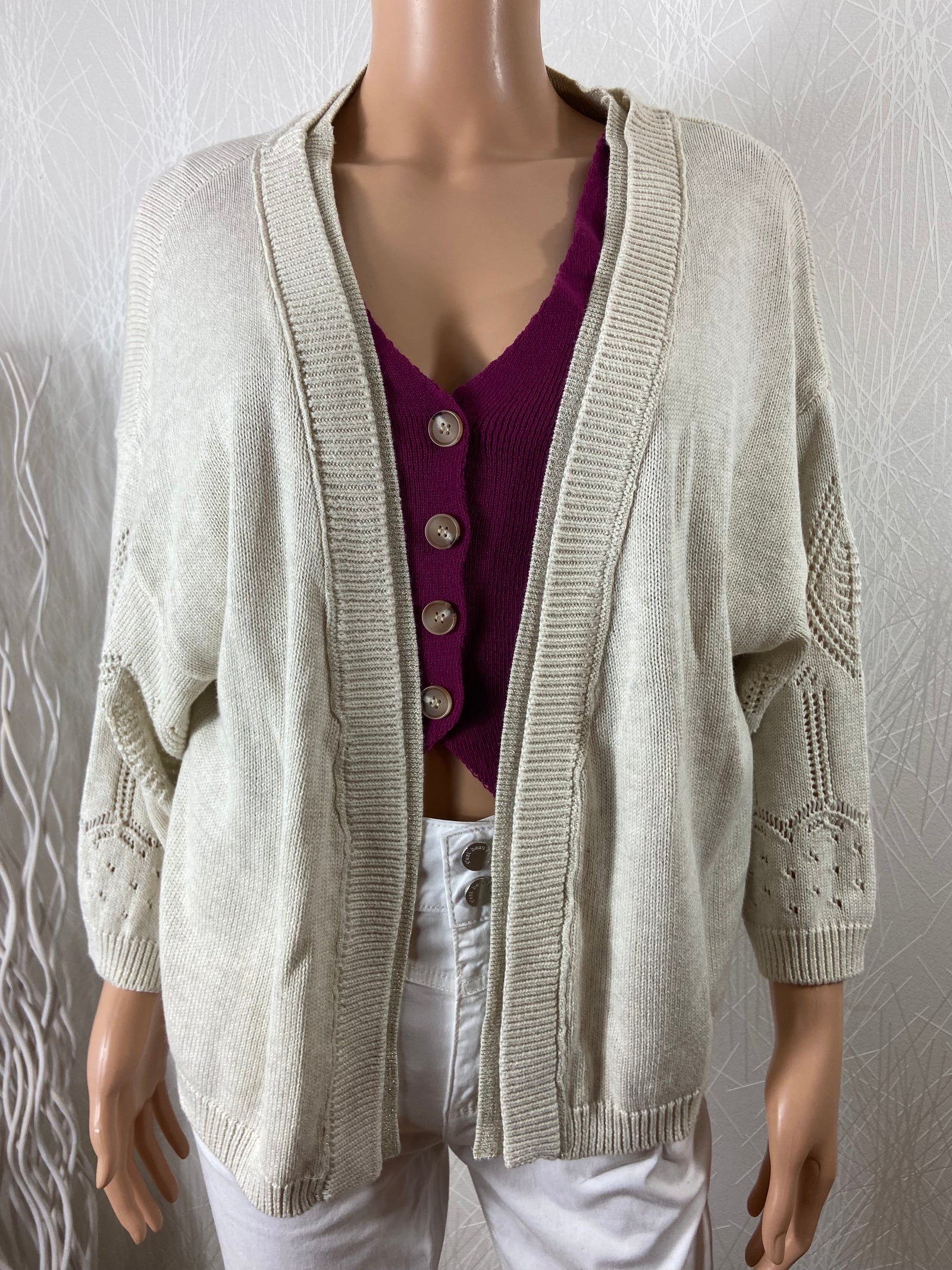 Gilet beige chiné 100% coton manches 3/4 dentelle C'est Beau La Vie