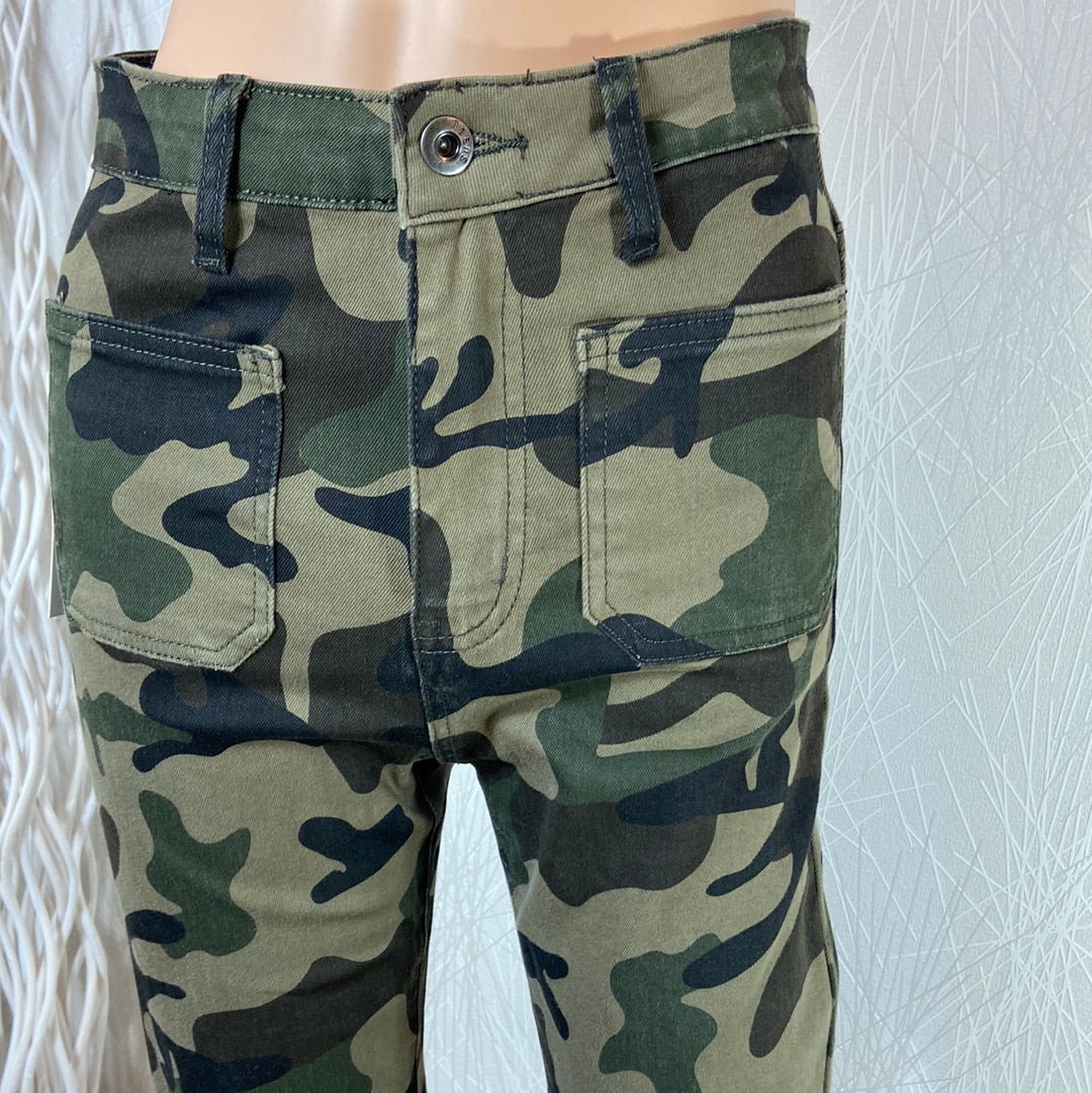 Pantalon coton 7/8 kaki camouflage taille haute confortable Secret Denim