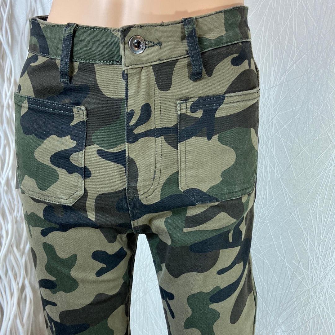 Pantalon coton 7/8 kaki camouflage taille haute confortable Secret Denim - Offre-Unique