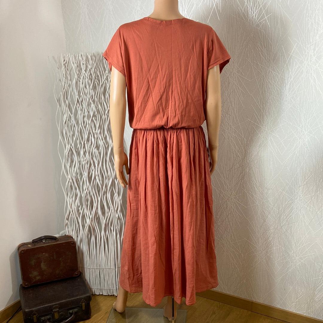 Robe longue coton ceintrée manches courtes col V brun orangé - Offre-Unique