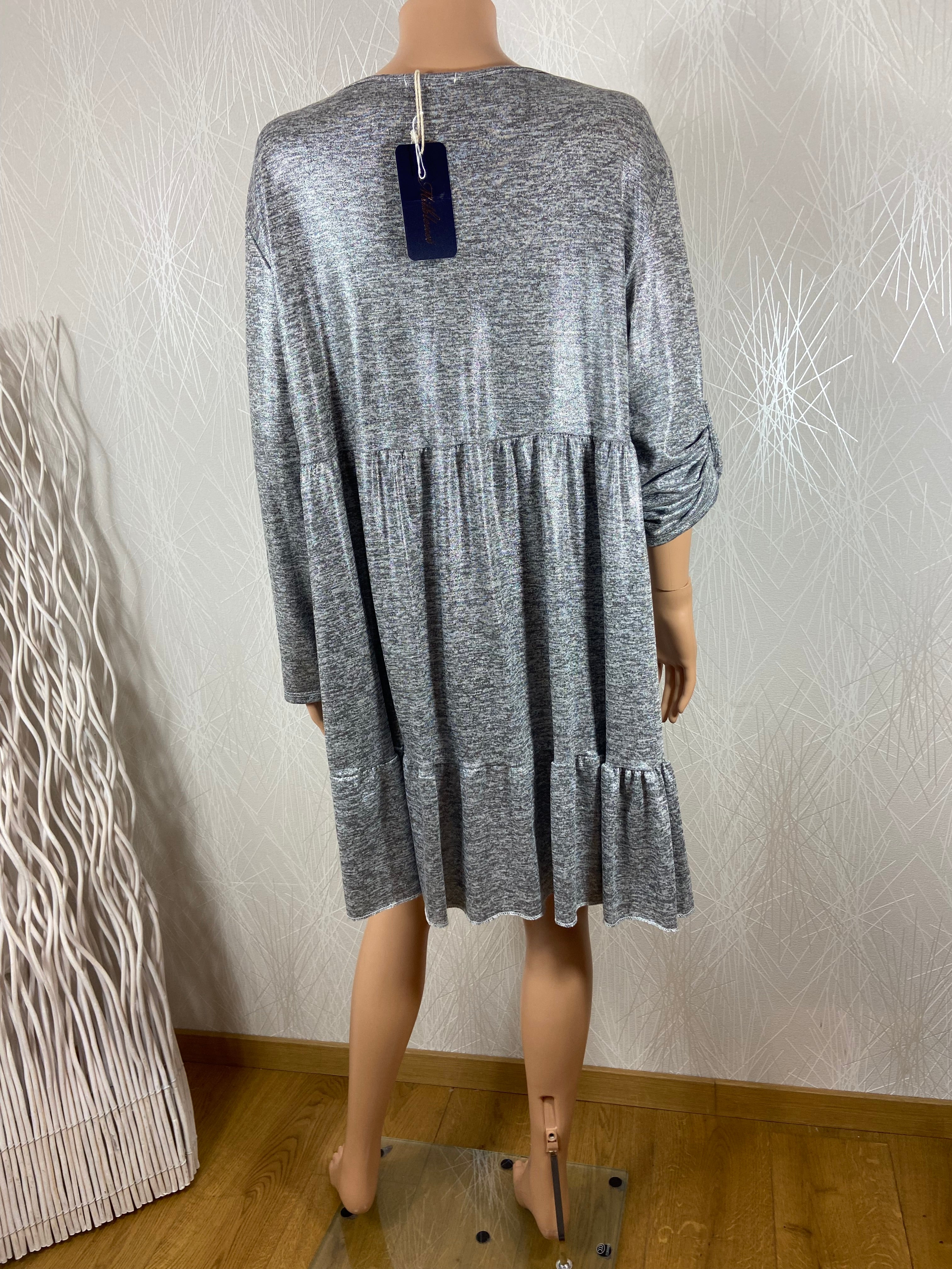 Robe plissée gris argenté manches longues grande taille Made In Italy
