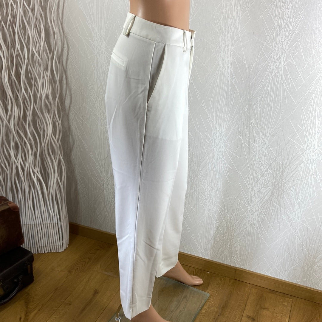 Pantalon femme blanc taille mi-haute coupe droite Attentif