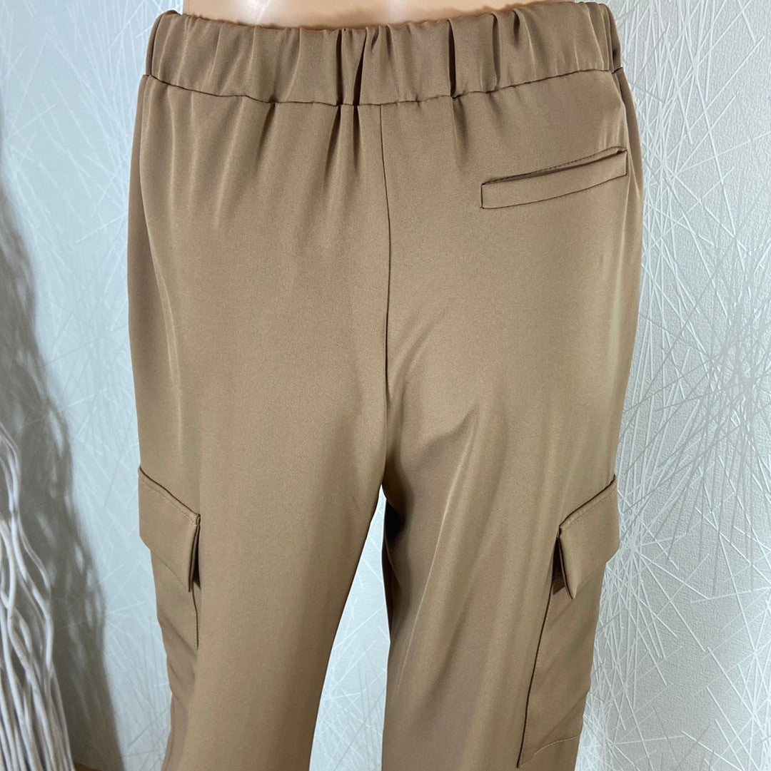 Pantalon femme brun camel 7/8 taille haute élastique coupe droite Johanna