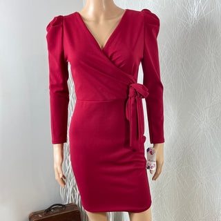Robe courte rouge fuchsia cache coeur flot manches longues Fashion