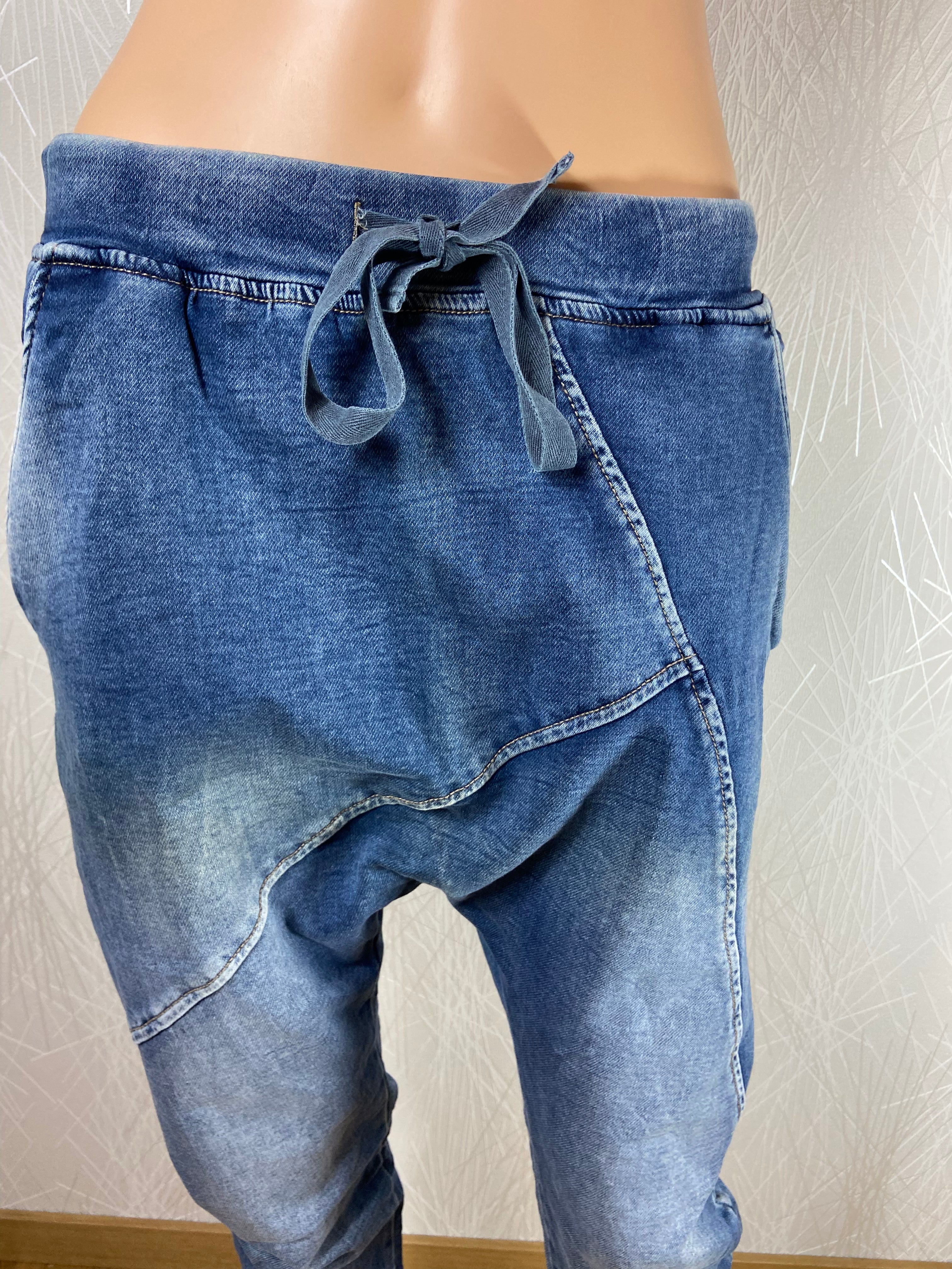 Jeans sarouel coton denim bleu délavé taille élastique