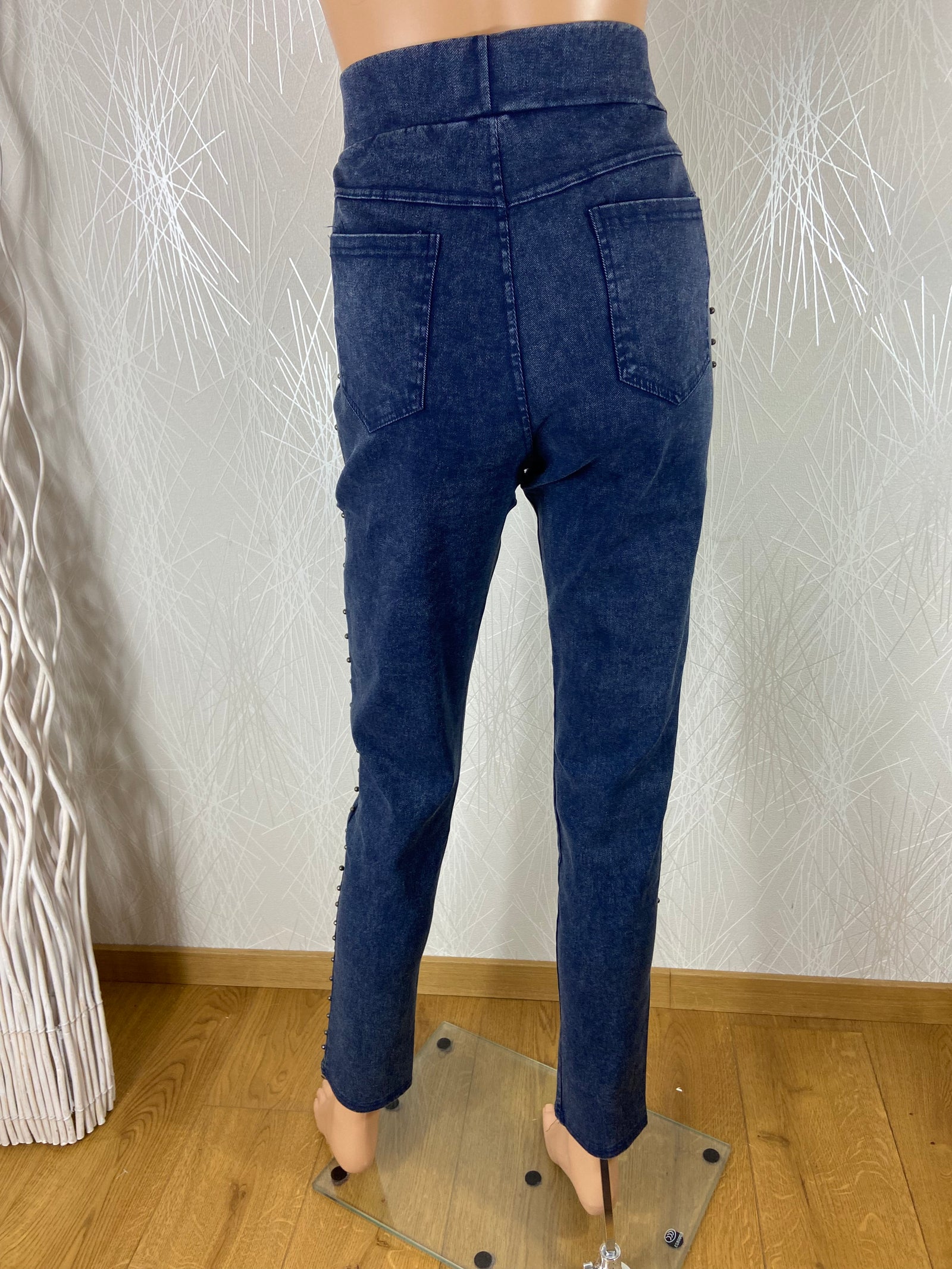 Jeans bleu confortable taille haute élastique perles Cherry Berry