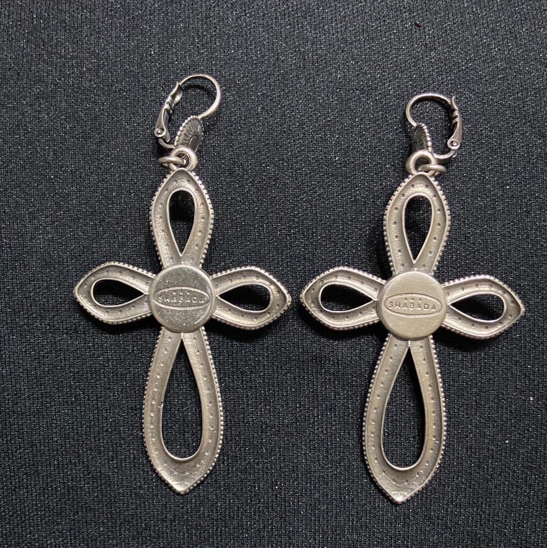 Boucles d’oreilles croix pendantes dormeuses plaqué argent pierre bleu turquoise Shabada - Offre-Unique