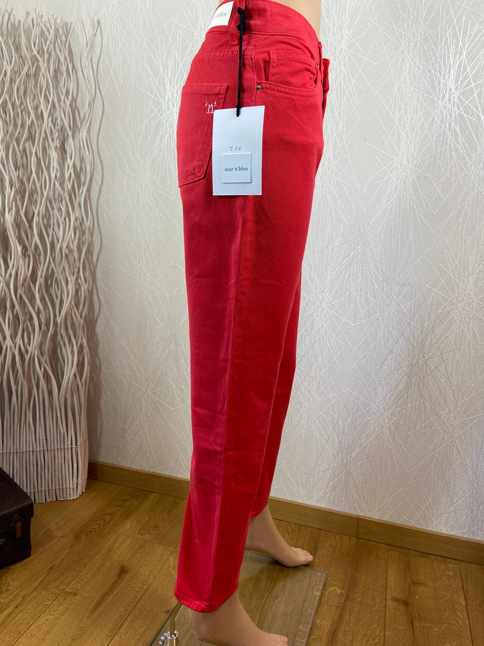 Pantalon coton rouge corail coupe cigarette taille haute Noir’n’bleu