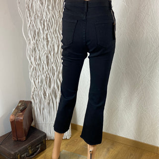 Jeans noir 7/8 taille haute coupe droite ourlet frangé Dorado