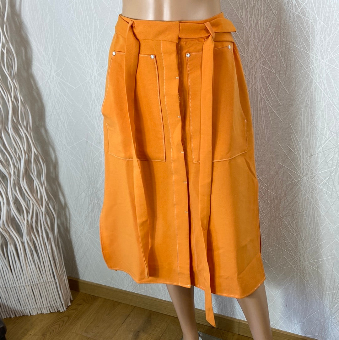 Jupe midi boutonnée fendue orange taille haute Cubic