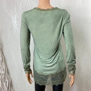 T-shirt dentelle manches longues col V vert kaki - Taille Unique