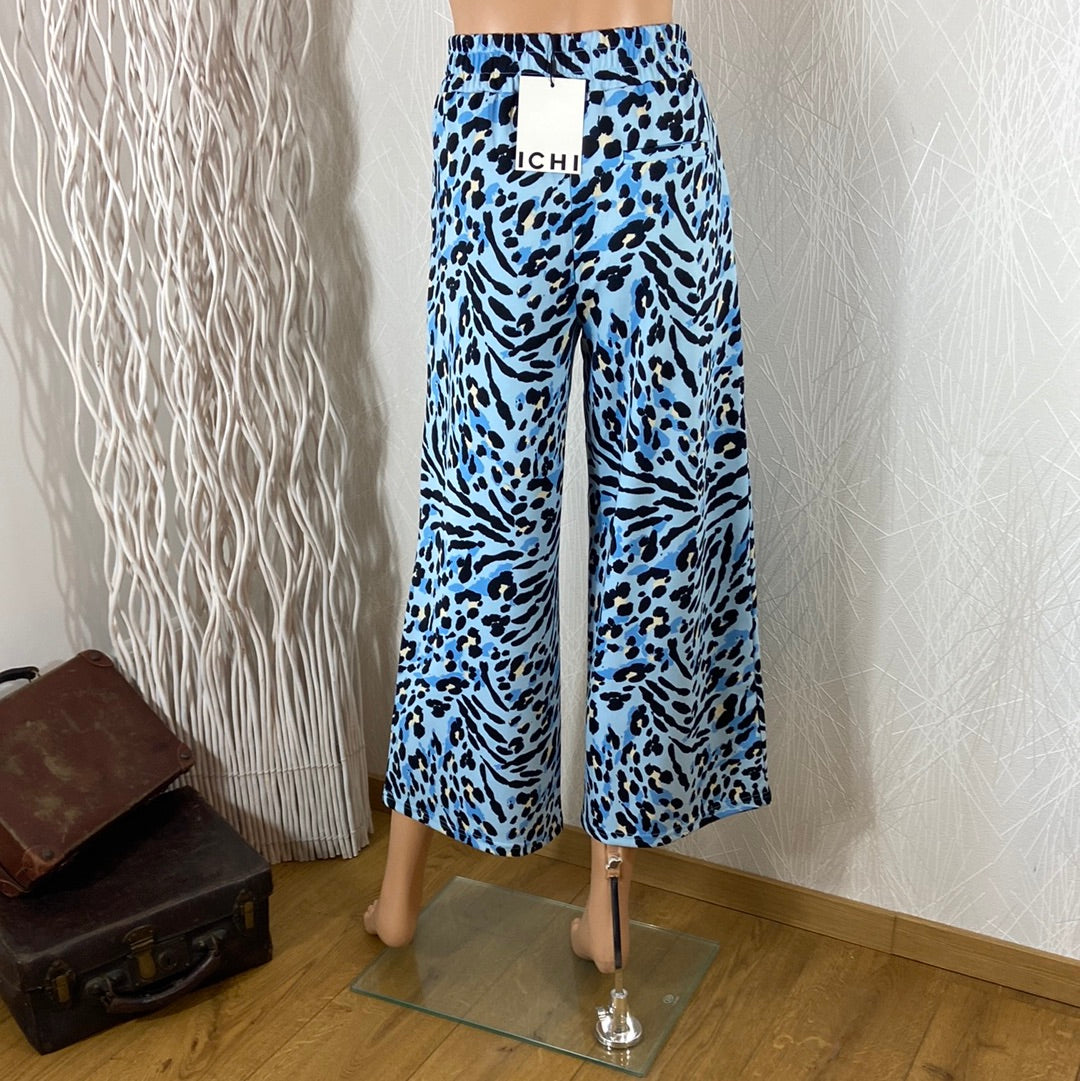 Pantalon femme 3/4 fluide tissu imprimé tigre bleu Ihkate Print Ichi - Offre-Unique