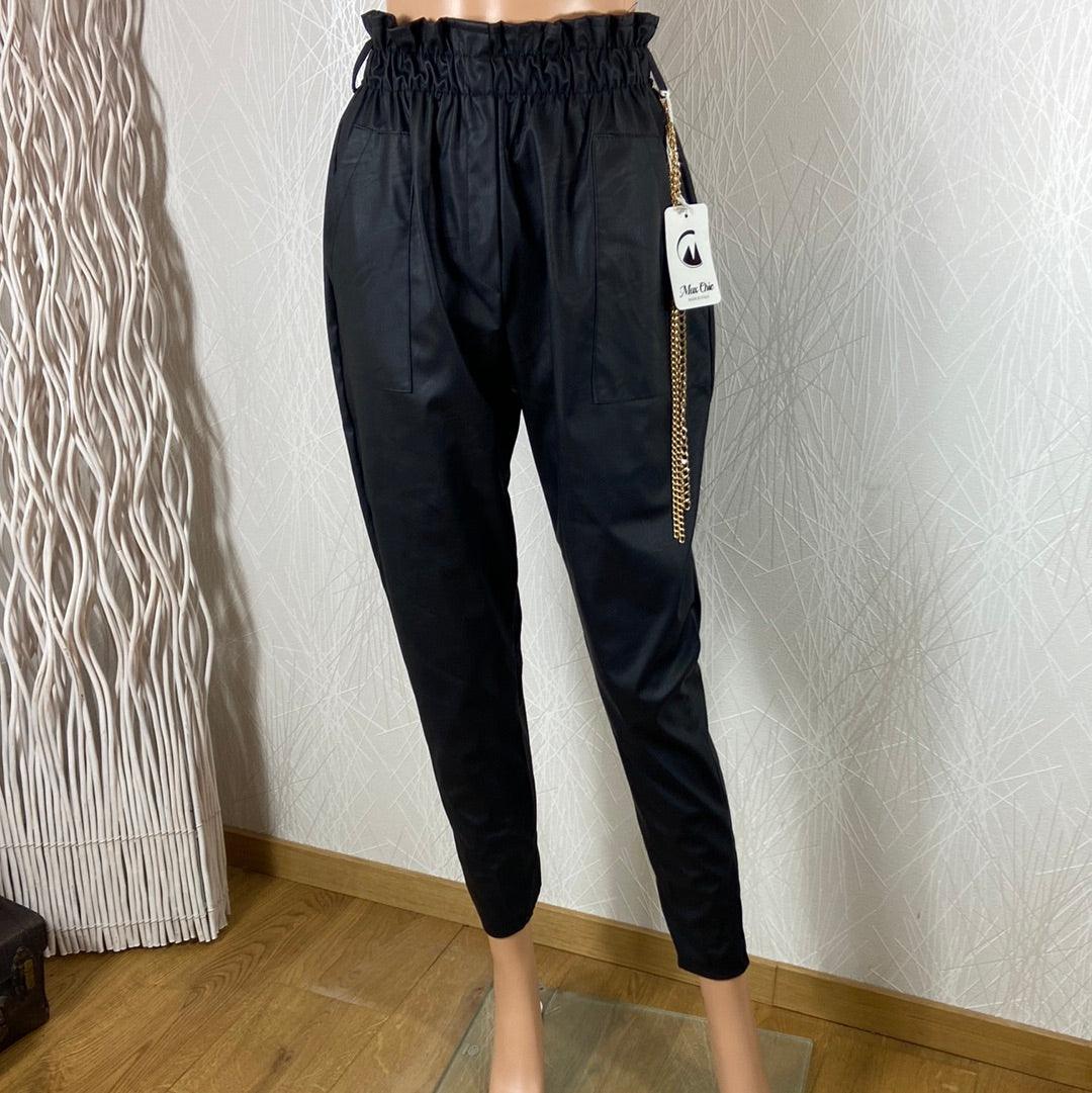 Pantalon noir cuir synthétique taille haute élastique froncée New Collection - Offre-Unique