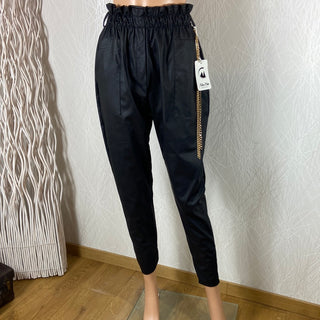 Pantalon noir cuir synthétique taille haute élastique froncée New Collection