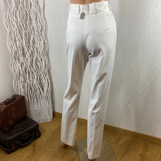 Pantalon blanc habillé de créateur motif nid d'abeille taille haute coupe droite Tabala Paris