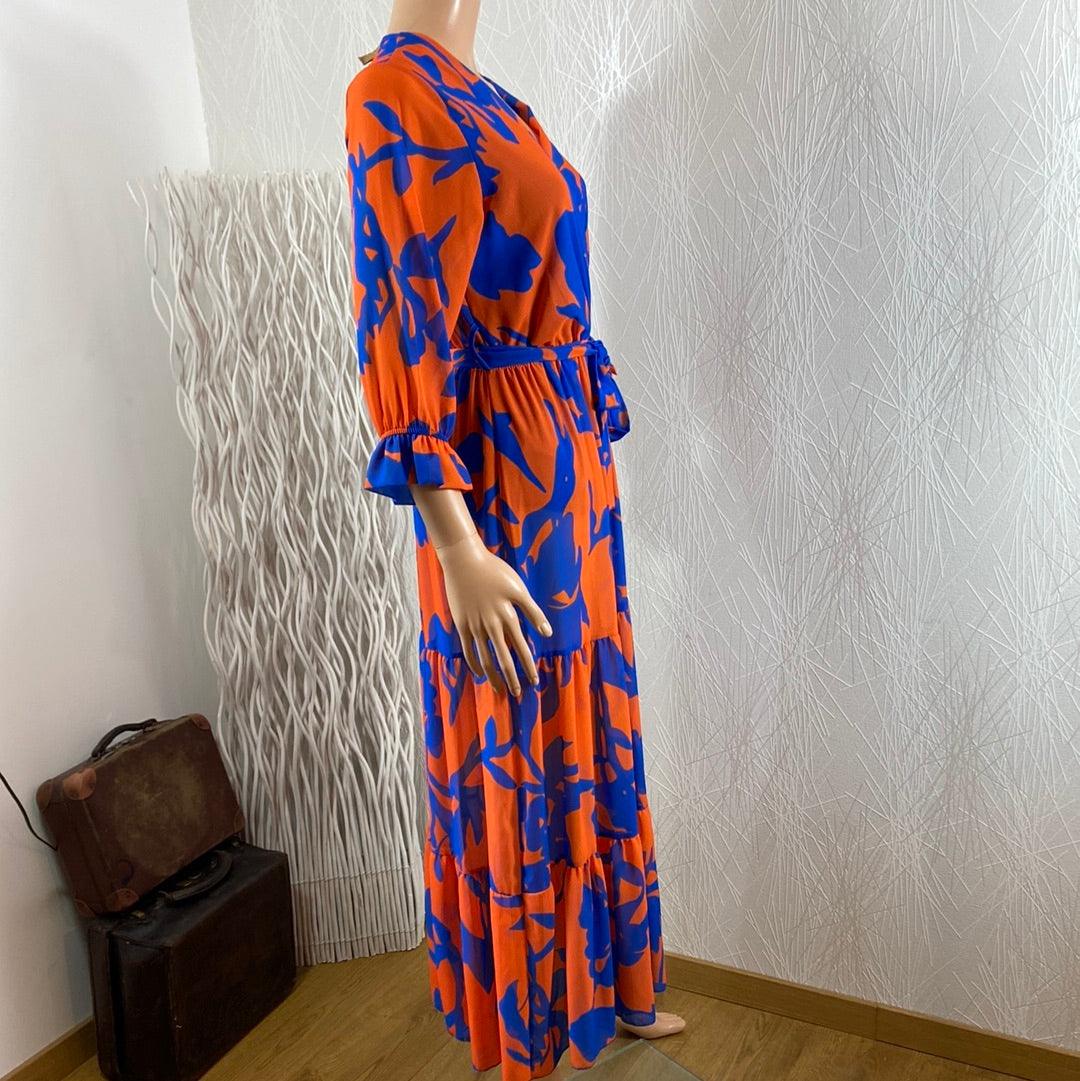 Robe longue bleue et orange manches longues New Collection - Offre-Unique