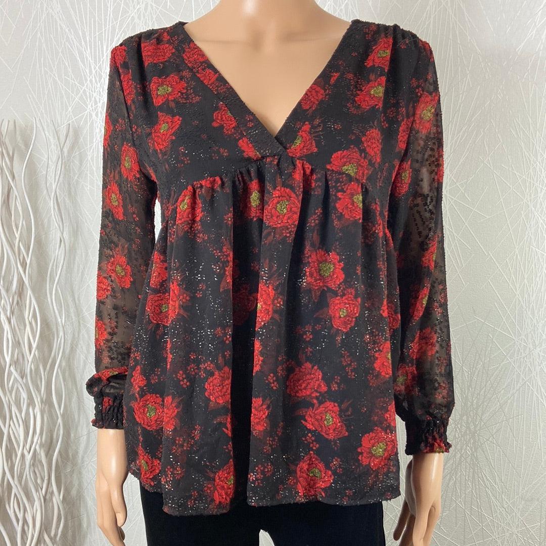 Blouse doublée rouge fleurie col V manches longues transparentes Les Petites Fleurs - Offre-Unique