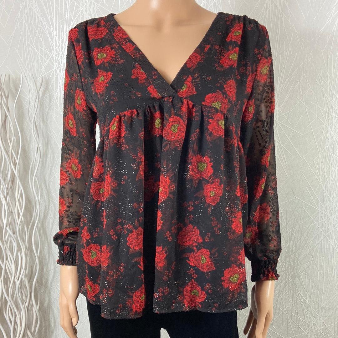 Blouse doublée rouge fleurie col V manches longues transparentes Les Petites Fleurs - Offre-Unique
