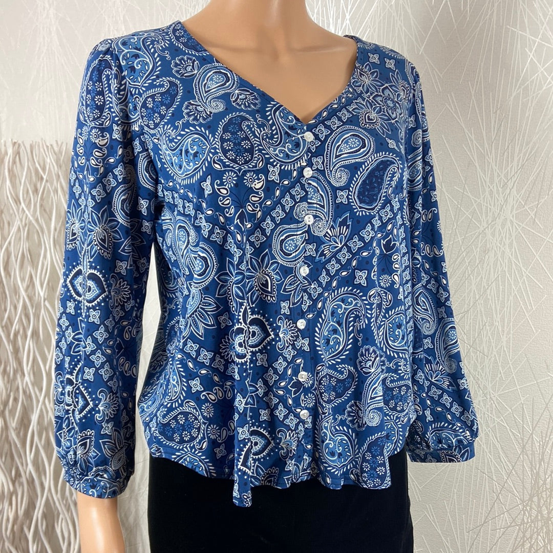 Blouse fluide bouton fantaisie motif bleu et blanc Le Singe de Julie