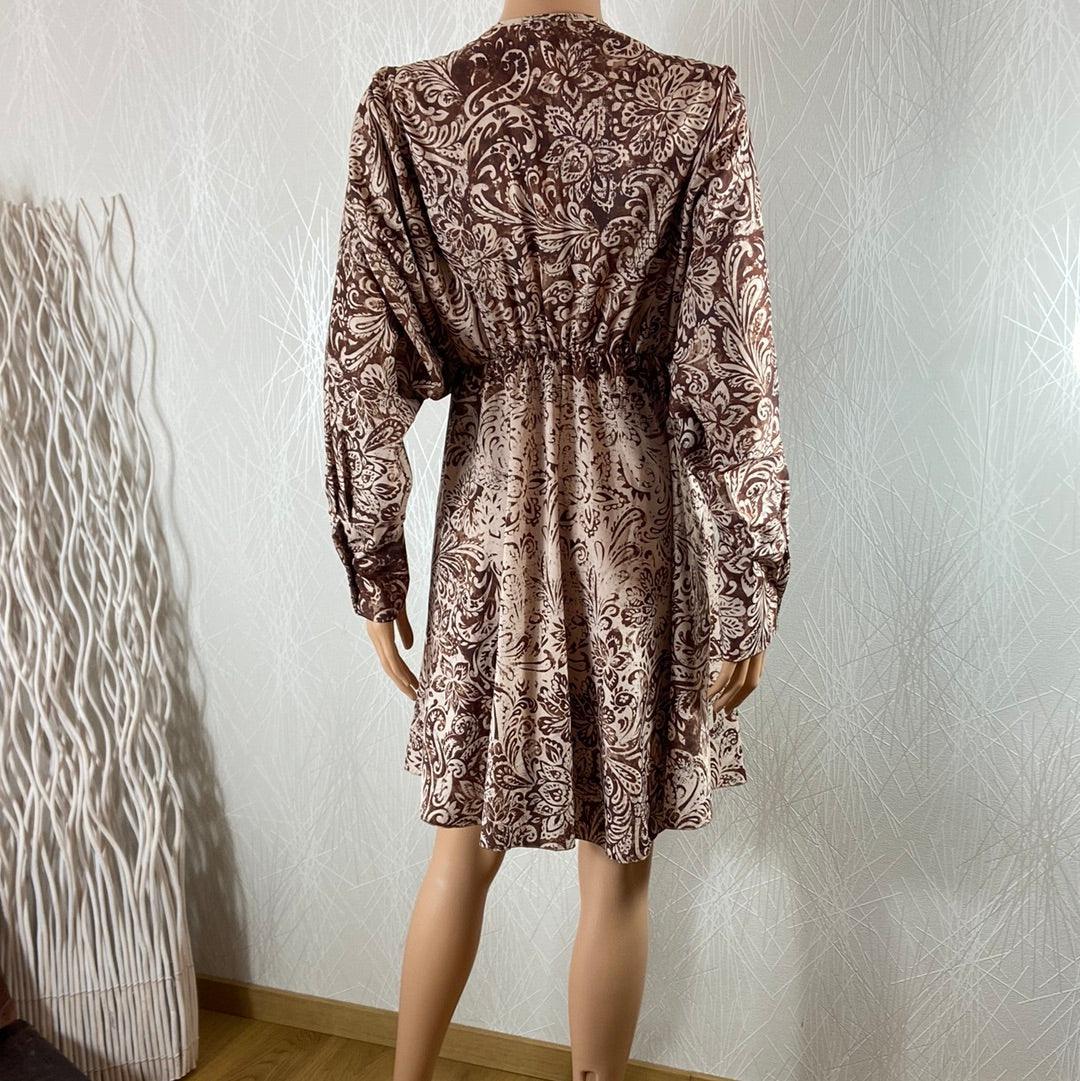 Robe légère manches longues marron col V Made In Italy - Offre-Unique