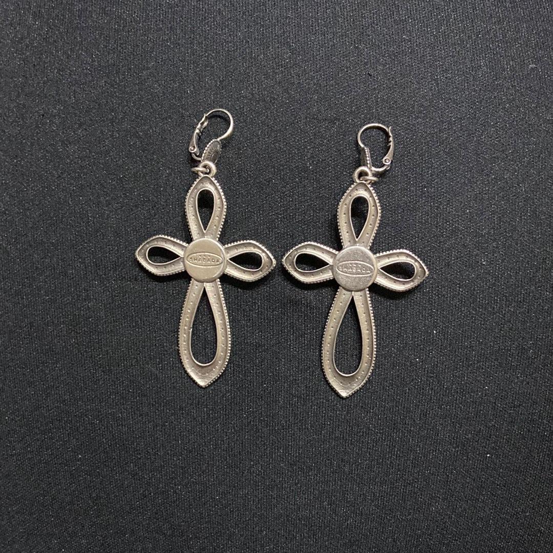 Boucles d’oreilles croix pendantes dormeuses plaqué argent pierre bleu turquoise Shabada - Offre-Unique