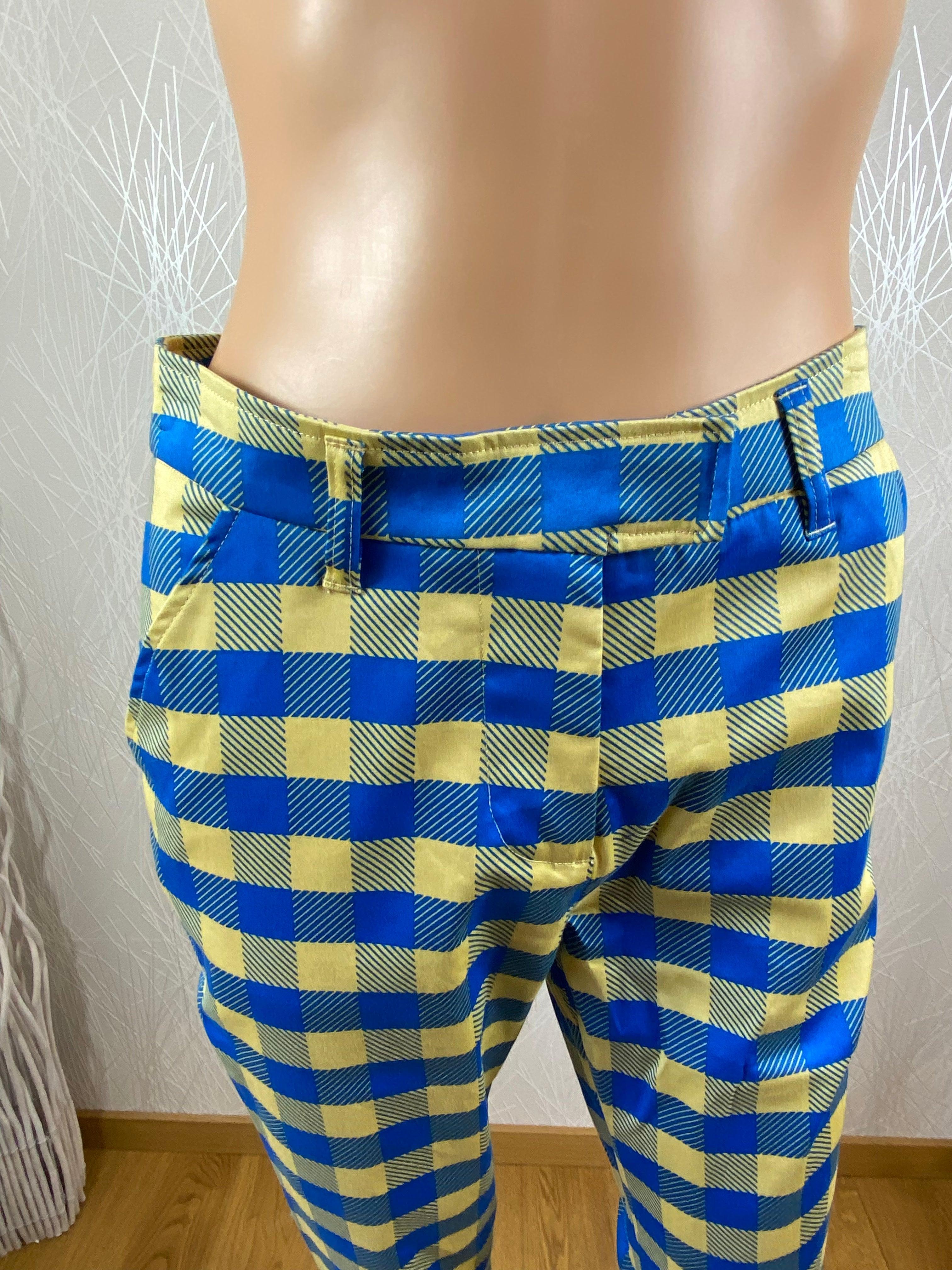 Pantalon coupe droite à carreaux bleu et jaune Zilch - Offre-Unique