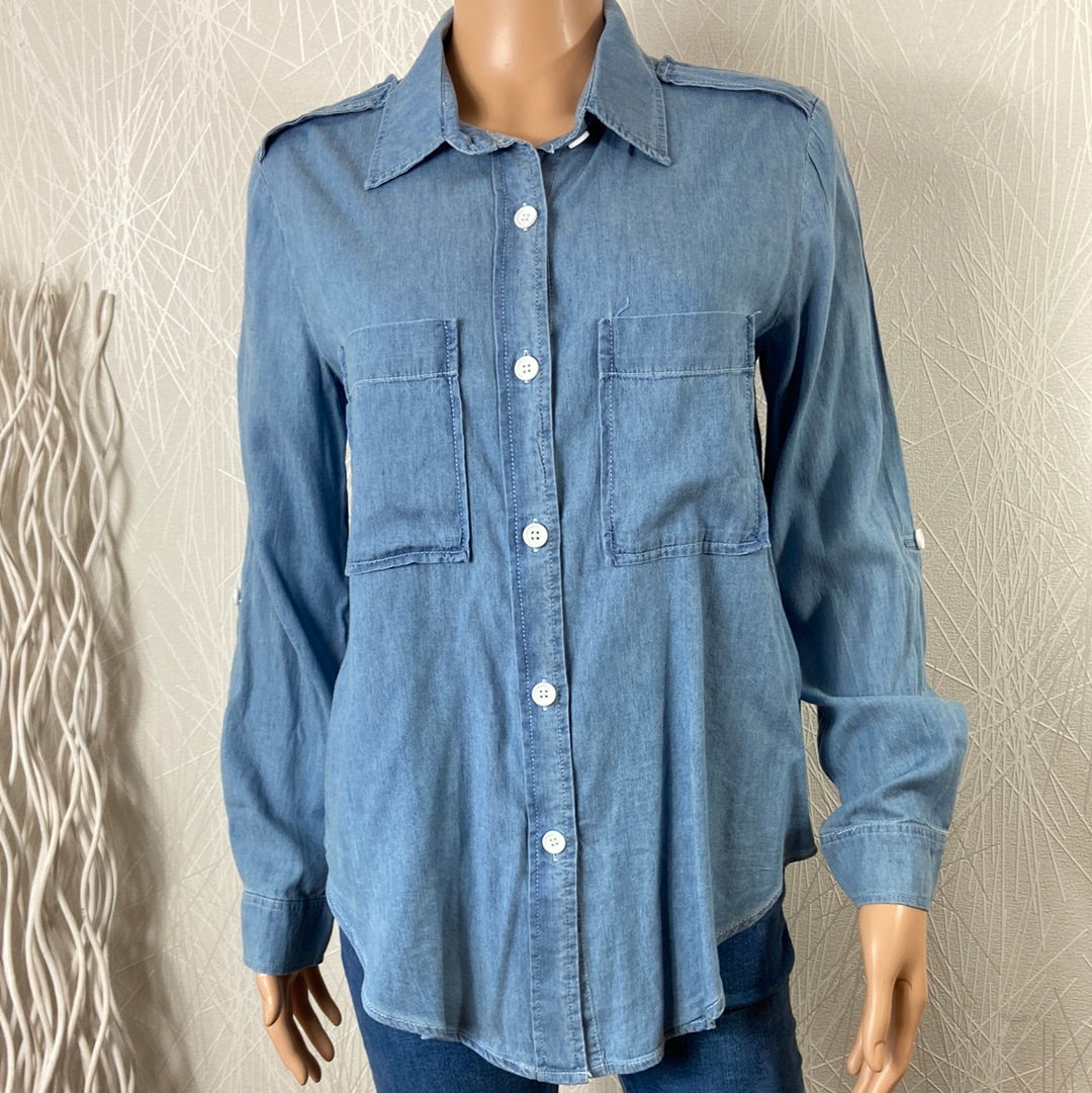 Chemise femme tissu jean denim bleu manches retroussables Cloal