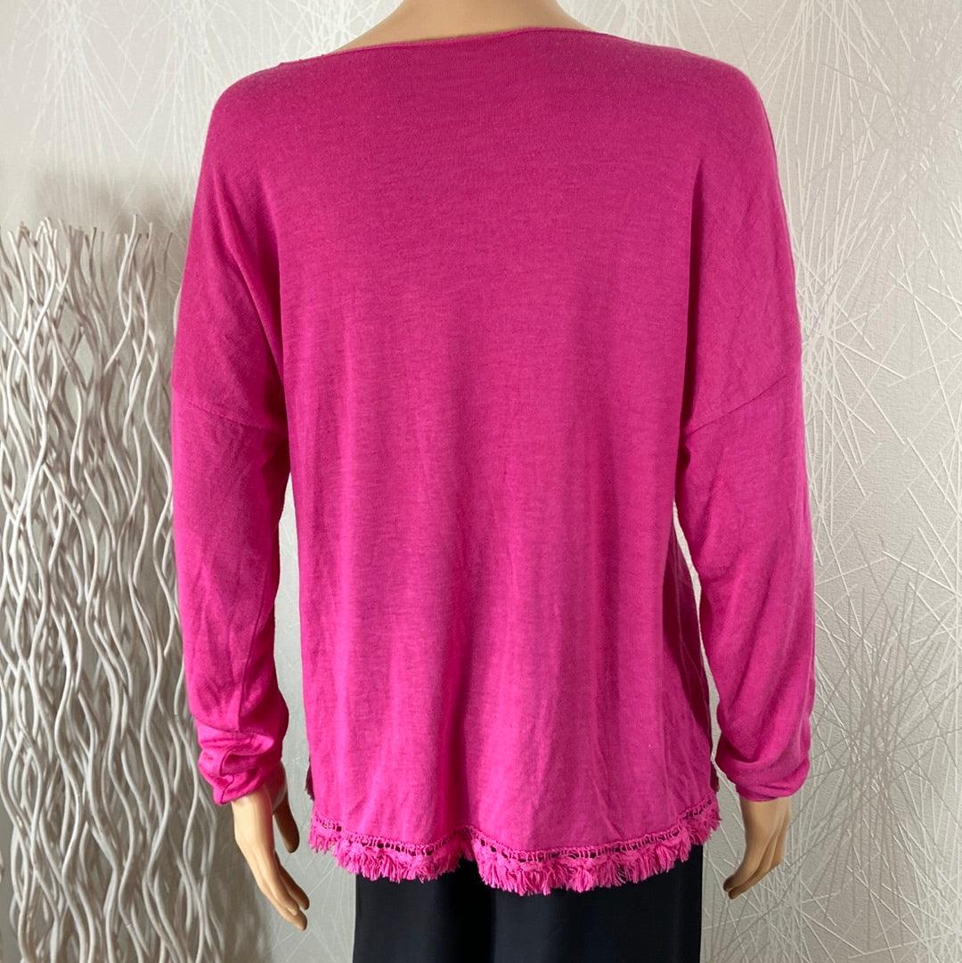 Pull mailles fines manches longues franges col V Made In Italy - Offre-Unique