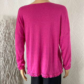 Pull mailles fines manches longues franges col V Made In Italy