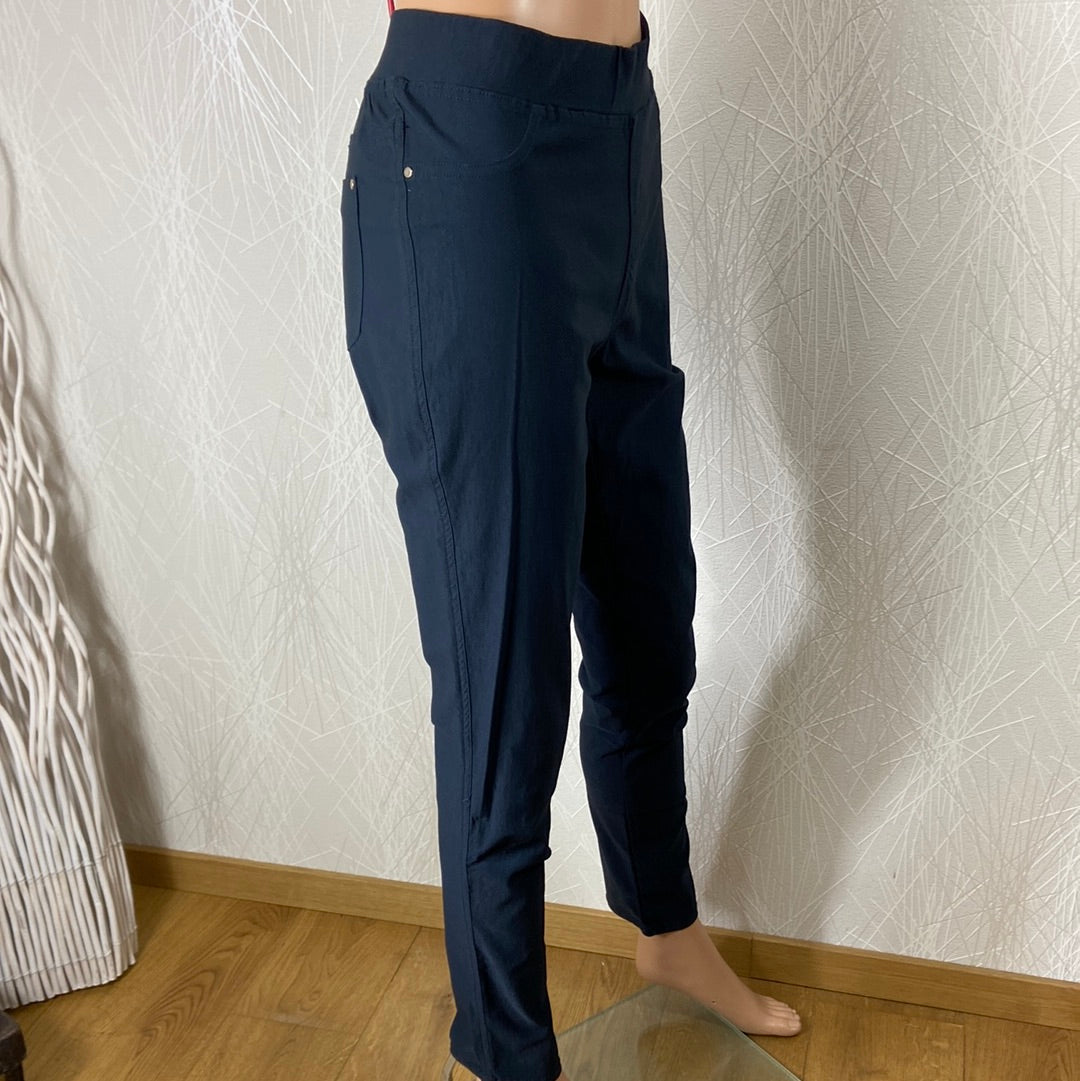 Pantalon femme coton bleu marine taille haute élastique Z & W Fashion