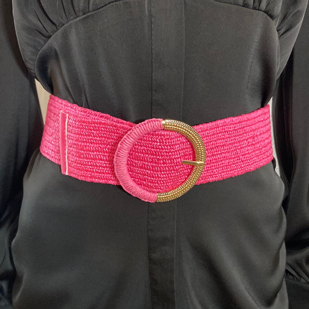 Ceinture femme en raphia rose boucle dorée