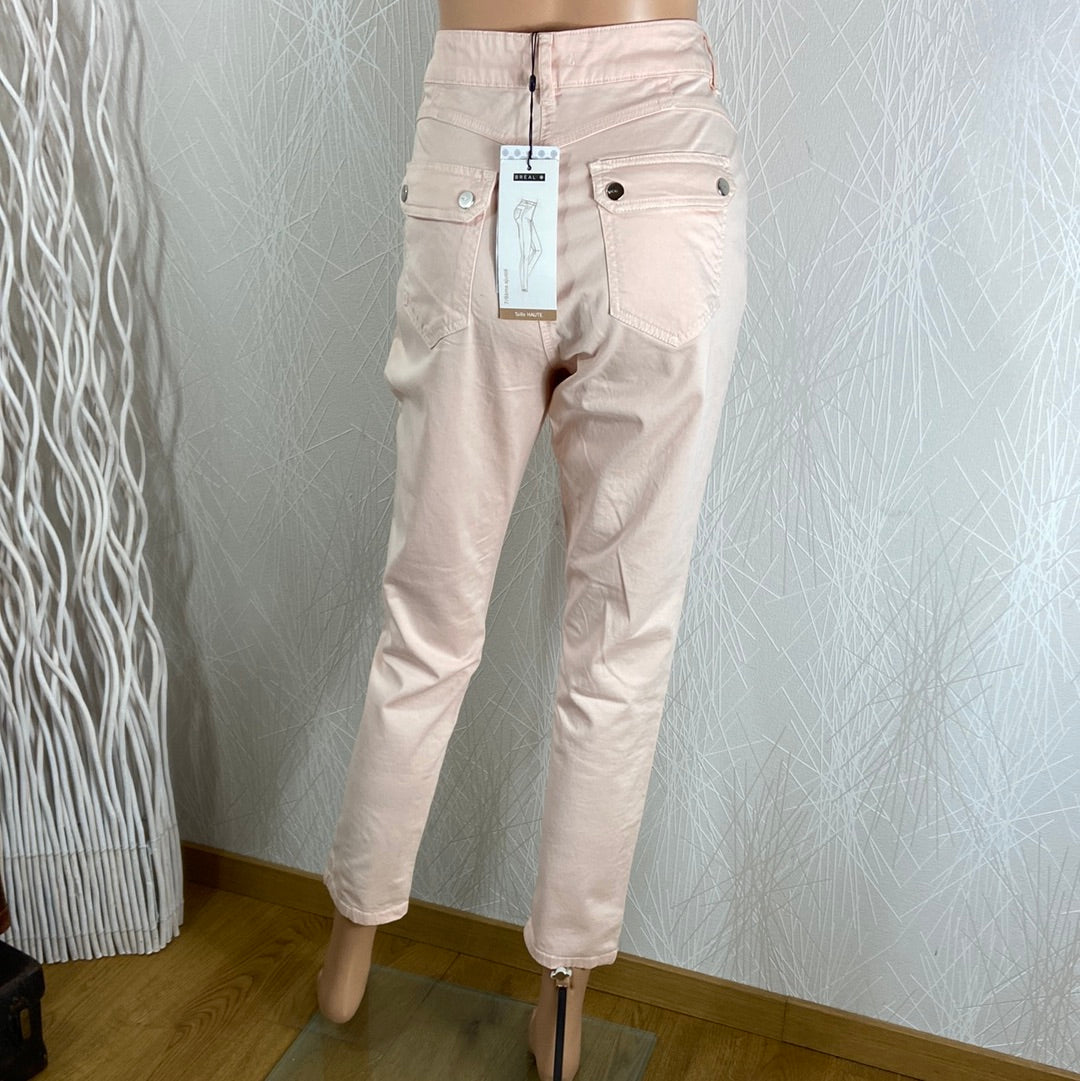 Pantalon coton rose femme 7/8 taille haute coupe ajustée Bréal