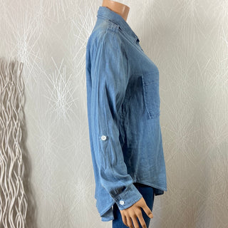 Chemise femme tissu jean denim bleu manches retroussables Cloal