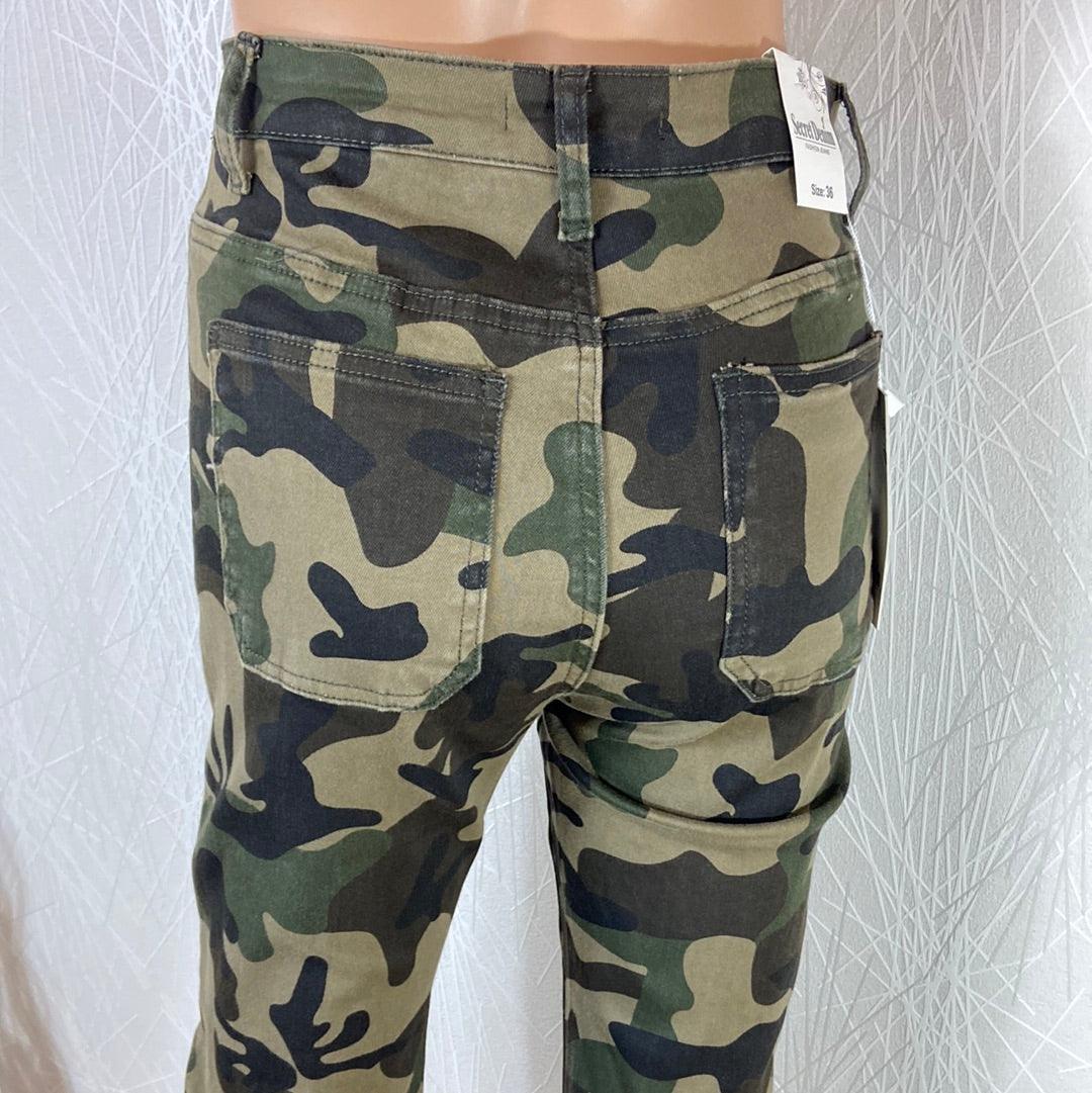 Pantalon coton 7/8 kaki camouflage taille haute confortable Secret Denim - Offre-Unique