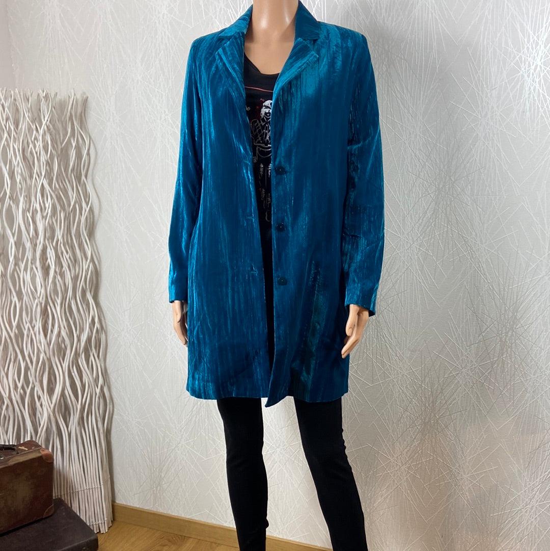 Veste longue femme velours satiné bleu pétrole Surkana - Offre-Unique