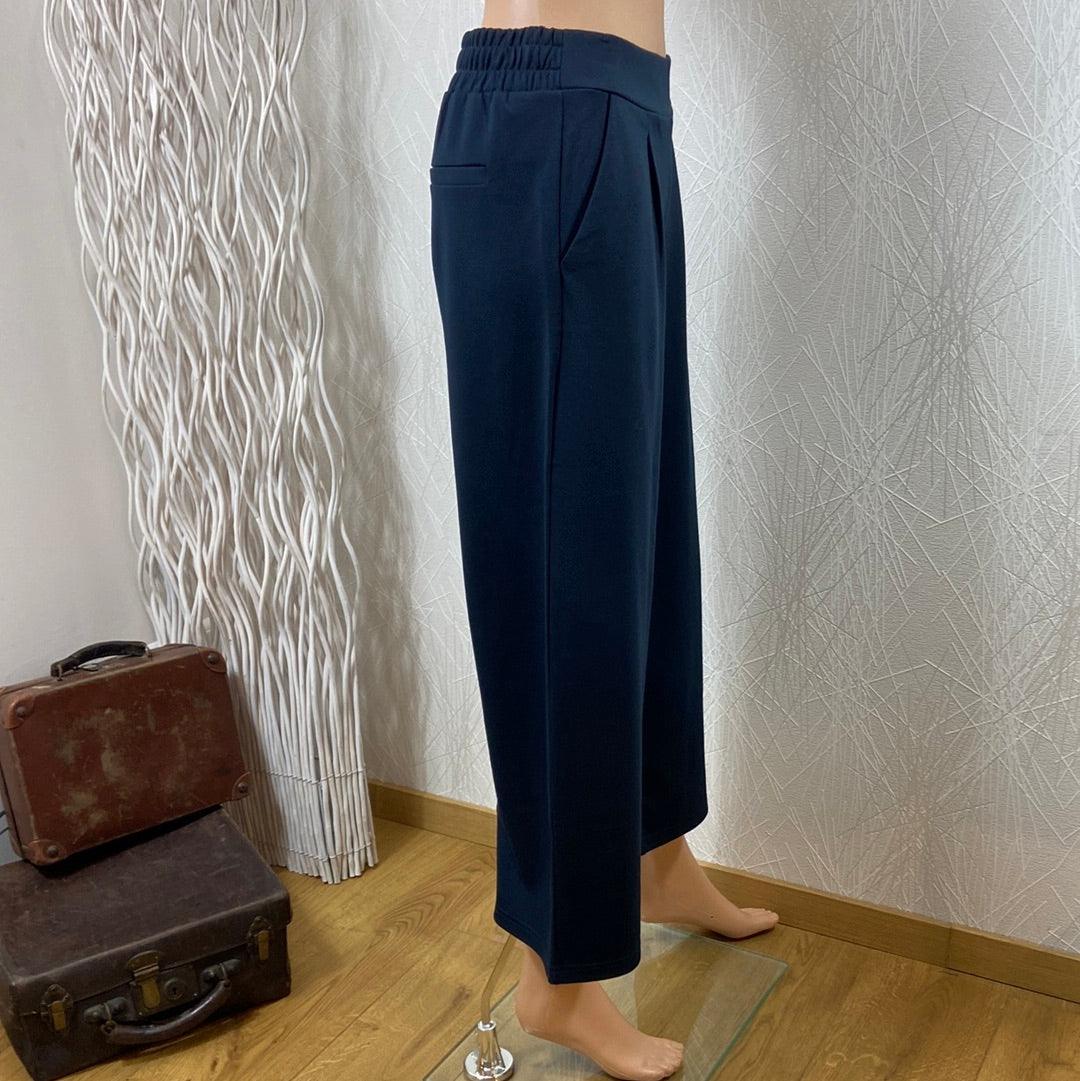 Pantalon ample évasé 7/8 bleu marine taille haute élastique Ihkate Wide Ichi - Offre-Unique