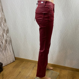 Pantalon enduit stretch rouge bordeaux taille basculée haute Bréal