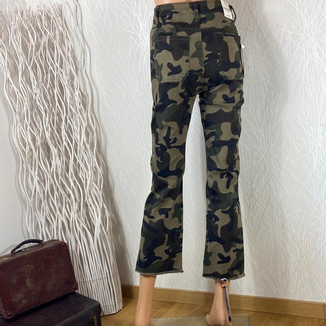 Pantalon coton 7/8 kaki camouflage taille haute confortable Secret Denim - Offre-Unique