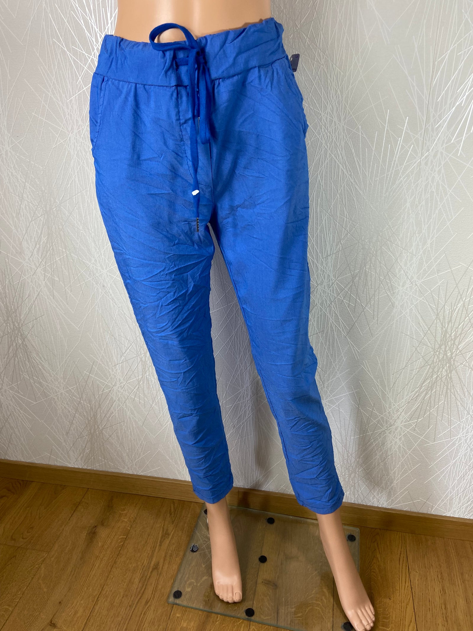 Pantalon léger coton bleu taille haute élastique avec cordon Made In Italy