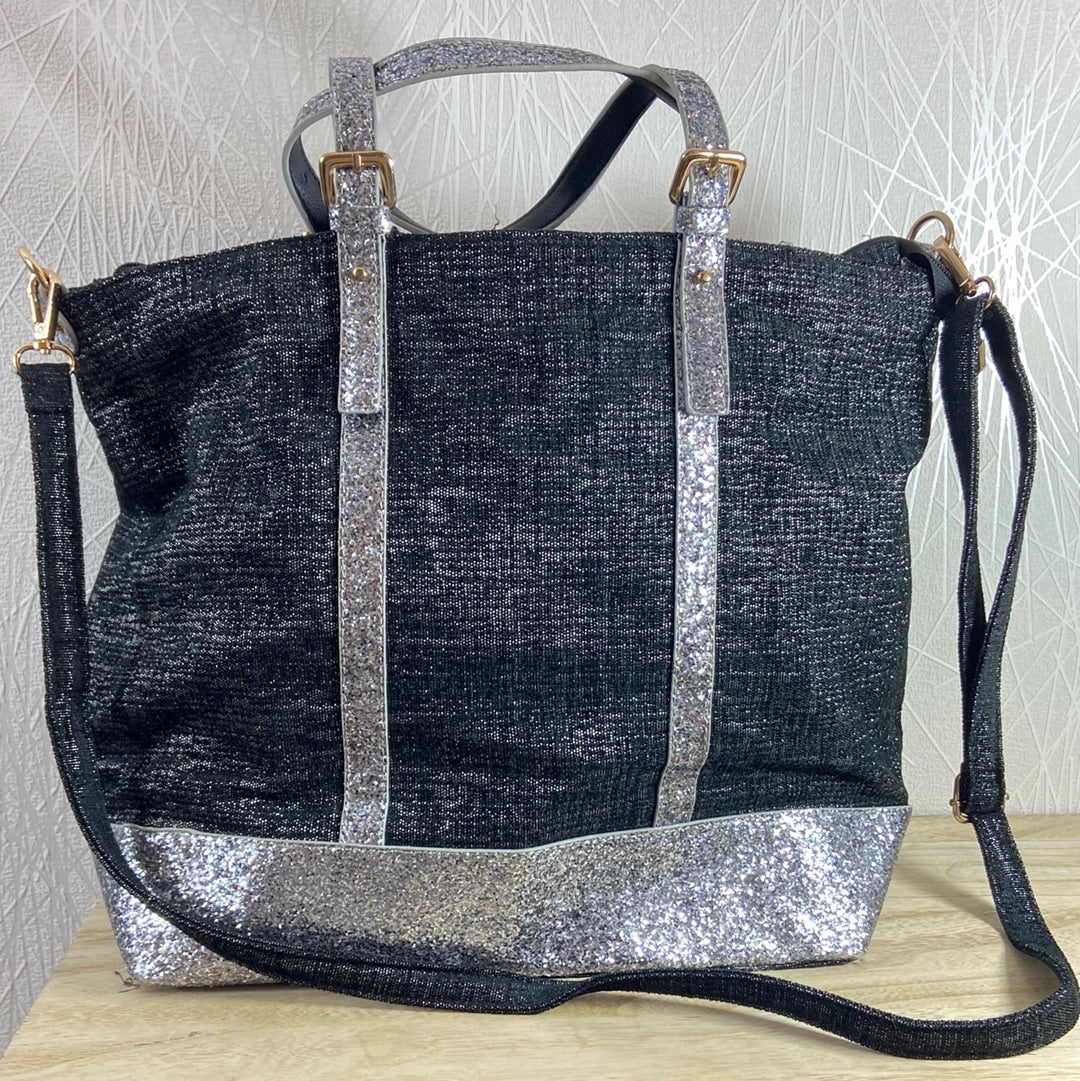 Sac à main avec anses et bandoulière tissu noir paillettes argentées