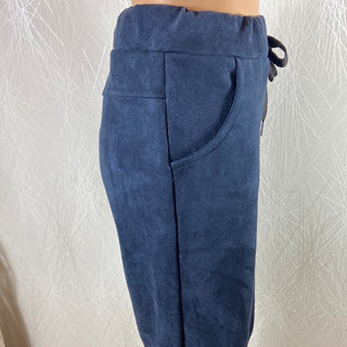 Pantalon de détente femme velours lisse marine taille haute élastique Made In Italy