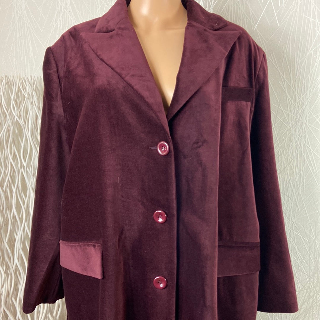 Manteau long  doublé velours lisse rouge bordeaux grande taille femme