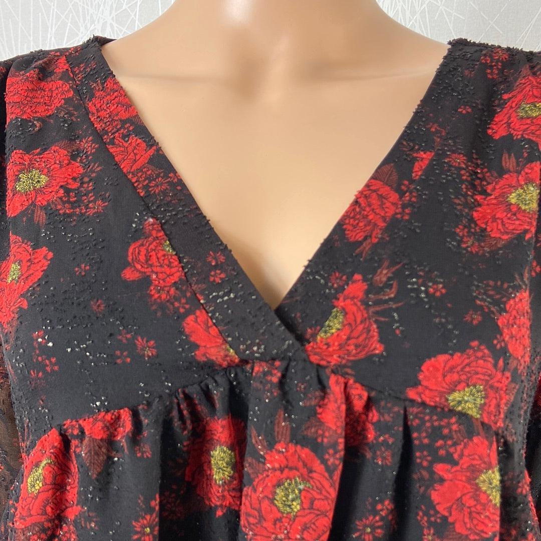 Blouse doublée rouge fleurie col V manches longues transparentes Les Petites Fleurs - Offre-Unique