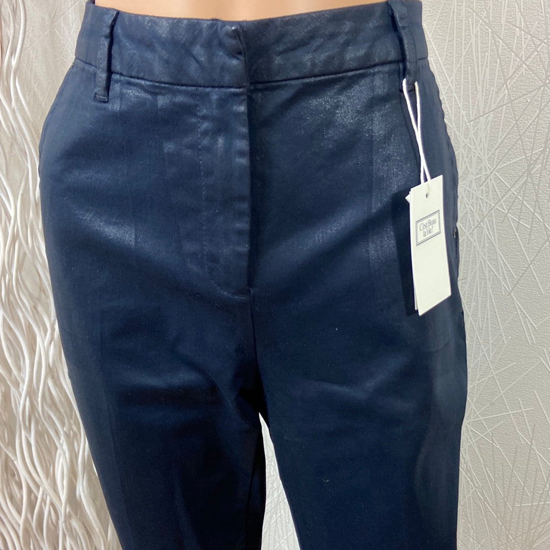 Pantalon femme coton enduit bleu marine taille haute coupe droite C’est Beau la Vie