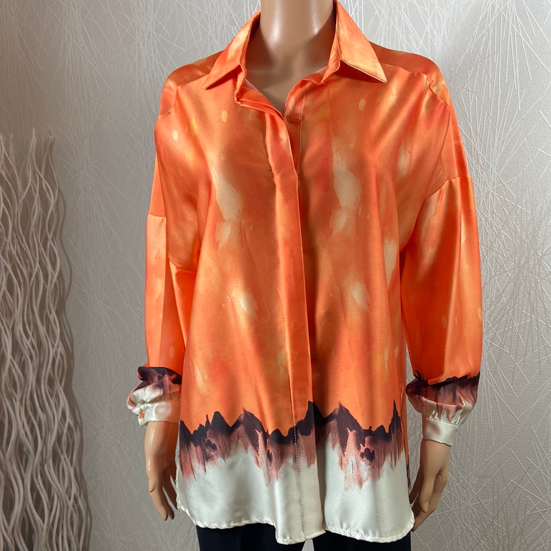 Chemise satinée asymétrique bariolé orange Terra Di Siena - Offre-Unique