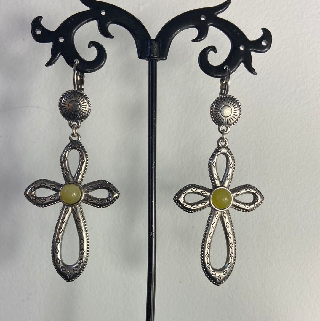 Boucles d’oreilles dormeuses pendantes plaqué argent pierre jaune Shabada